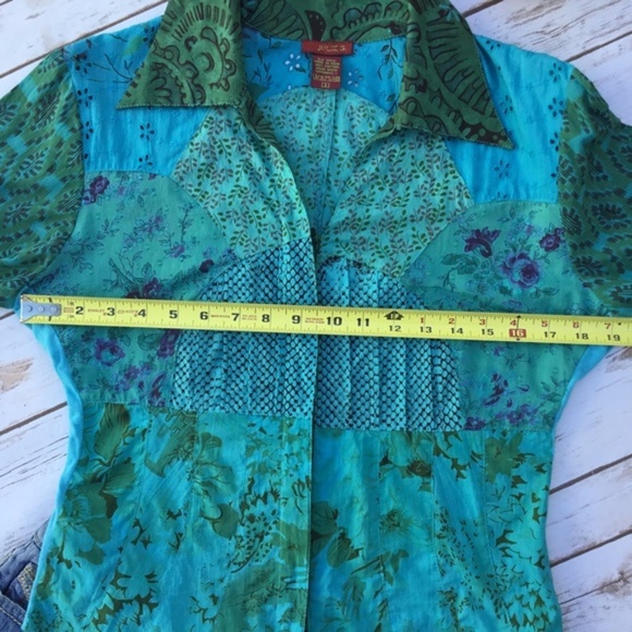 Green Blue Patchwork Floral Embroidered Blouse Top - Picture 8 of 8